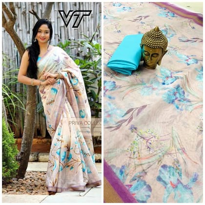 SKY COLOR FLOWER LINEN DIGITAL PRINTED SAREE  1502