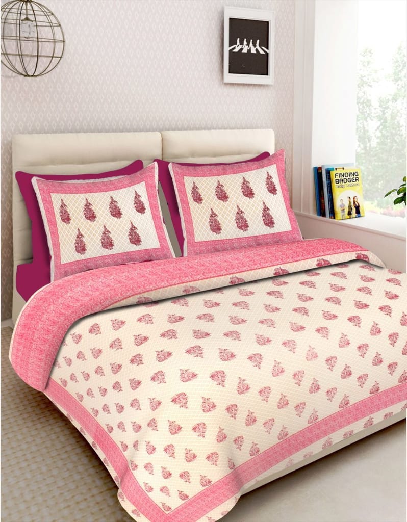 3001-Hometrade India-Standard King Size (90*108 Inches)-Pure Cotton Jaipuri Double Bedsheet With Matching Pillow Cover
