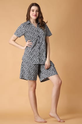 Black Dash Printed Night Suit Set-L / L / Black
