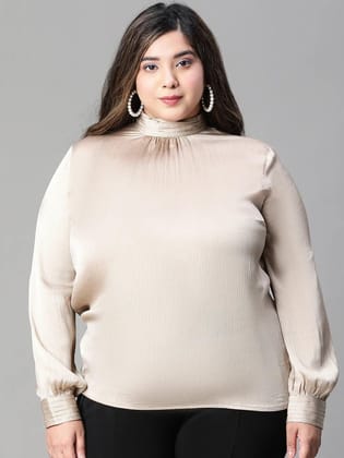 Whole Beige Long Sleeve Plus Size Women Satin Loopy Top-2XL