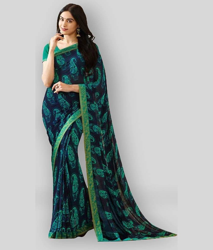 Gazal Fashions Georgette Printed Saree With Unstitched Blouse Piece ( Blue )