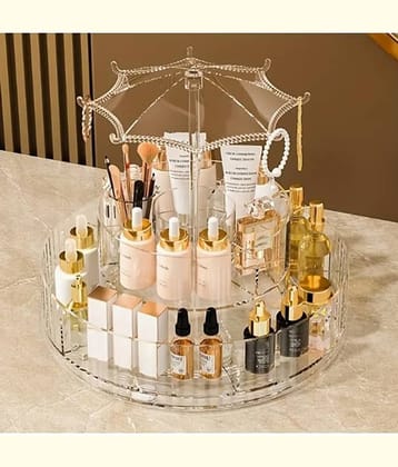 Plastic Multi Purpose Umbrella-Shaped 360° Round Dust-Proof Transparent 2-Layer Rotating Cosmetic Organizer For Brush / Make Up / Cosmetic / Lipstick / Perfume / Skincare / Make Up Organiser Rack Stand - Transparent