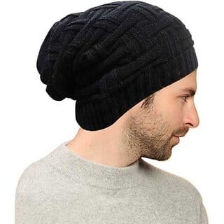 Fashlook Unisex Black Wool-Blend Winter Cap - Casual, Warm & Stylish