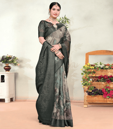 Green Woven Art Dola Silk Saree With Printed Floral Motifs-Green
