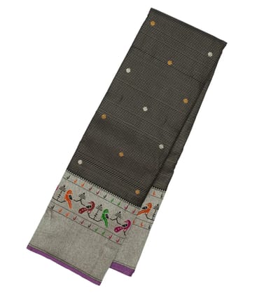 Black Handloom Kanchipuram Silk Saree With Zari Stripes & Buttas-Black
