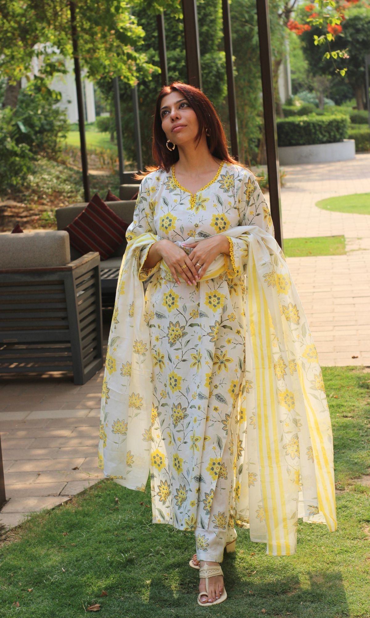Cotton Off White & Yellow Blossom Print Suit with Lace Detailing & Cotton Printed Dupatta-M