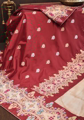 Exquisite Scalloped Banarasi Katan Silk Saree with Trendy Meenakari design,Intricate Pallu and Zari | SILK MARK CERTIFIED