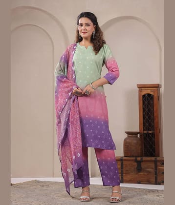 Span Women Cotton Printed Straight Kurti With Pants ( Green )