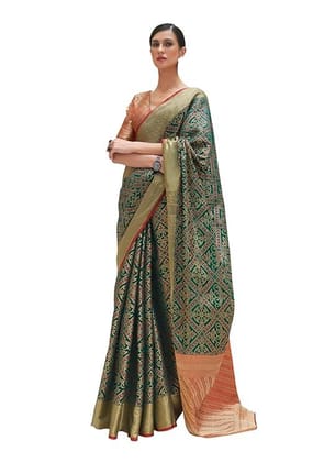 Women's Traditional Kanjivaram Patola Silk Weaving Handloom Saree Pure Golden Zari