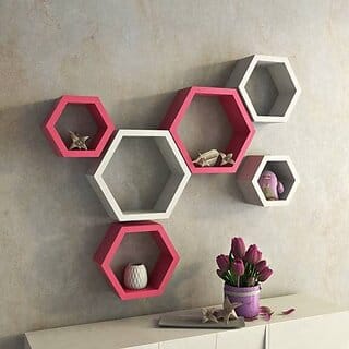 Onlinecrafts Wooden Wall Shelf (Number Of Shelves - 6, White, Pink)