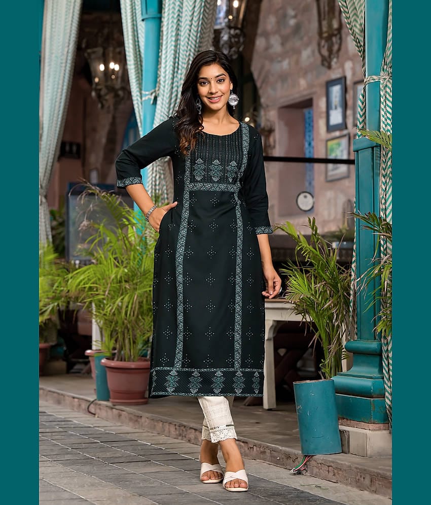Juniper Rayon Printed Straight Women's Kurti - Green ( Pack of 1 )