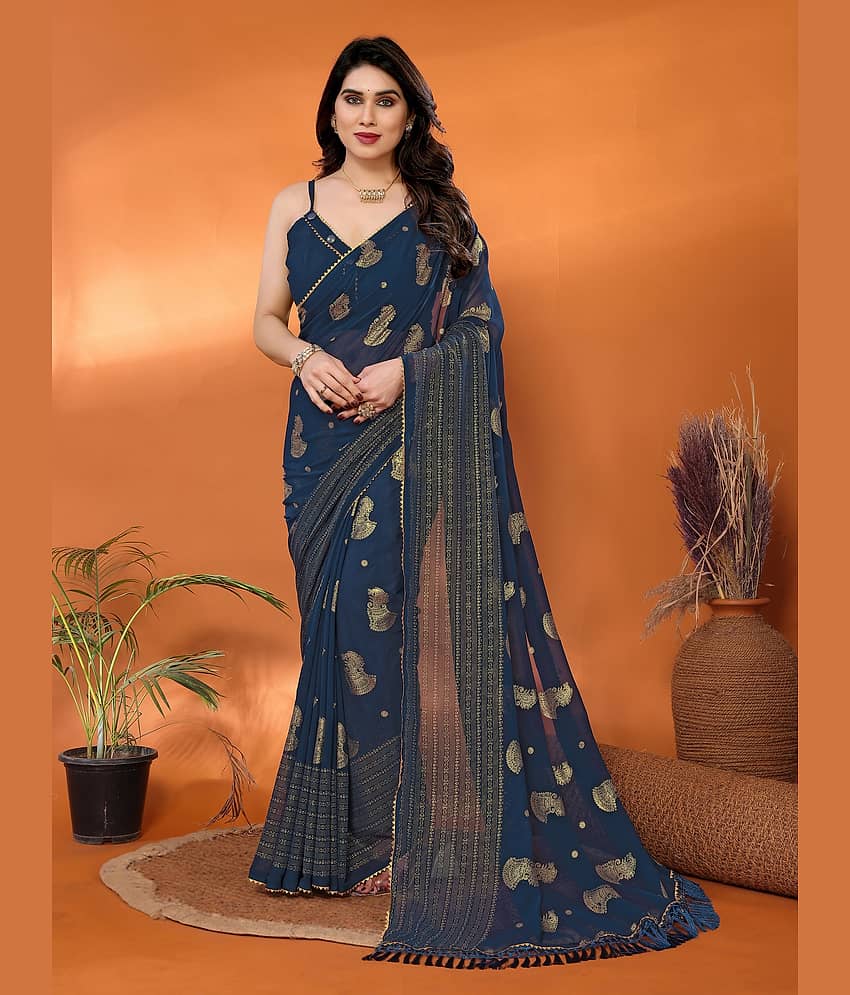 VEDANT VASTRAM Georgette Self Design Saree With Unstitched Blouse Piece ( Green )