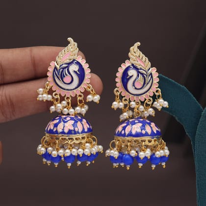Blue Color Meenakari Earrings (MKE2002BLU)-Length: 6.00 CM x Width: 2.50 CM / Blue / Alloy With Good Quality Gold Plated