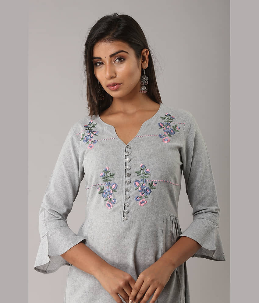 MAUKA - Light Grey Cotton Women's Flared Kurti ( Single Pack )