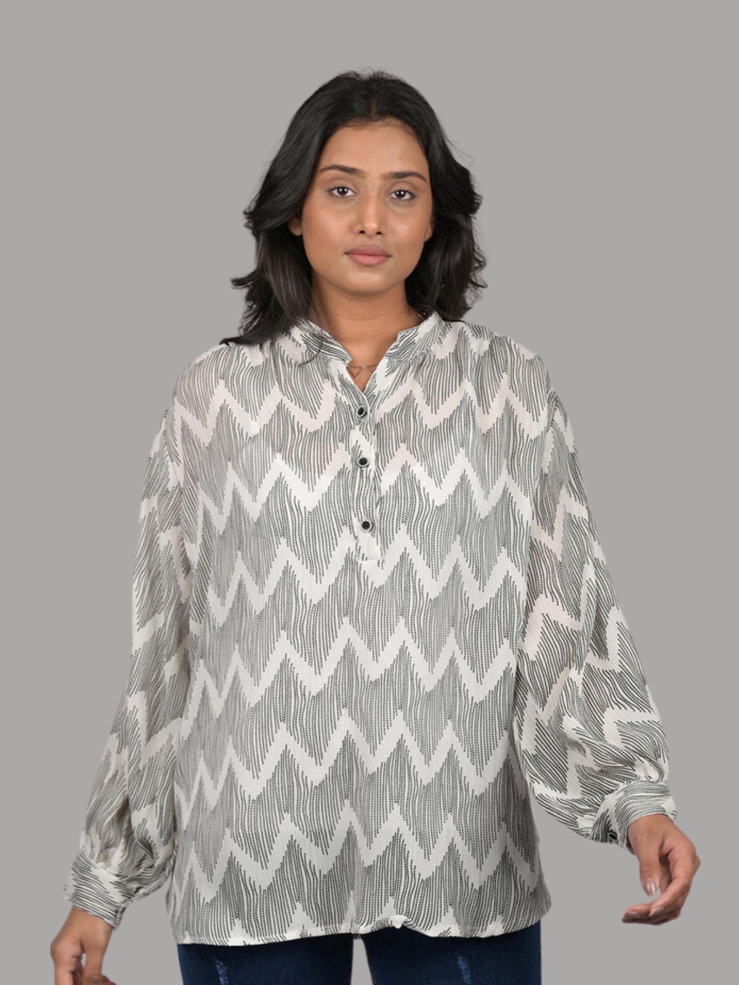 top for women western wear stylish and trending party wear printed Black And White Zigzag Print Long Sleeves Top (OTL-TPS1077)-Black / S