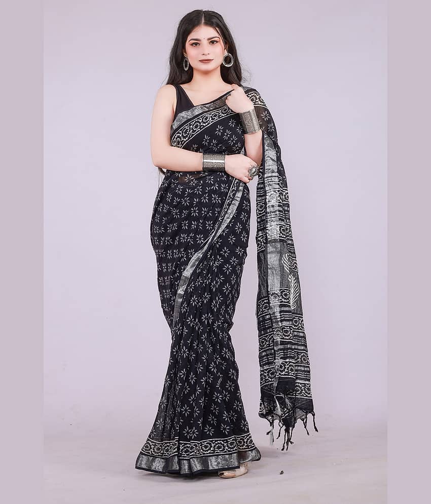 NOITAERCPR Cotton Printed Saree With Unstitched Blouse Piece ( Black )