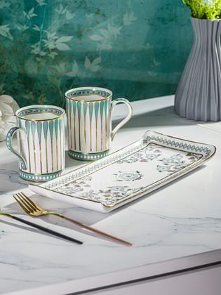 Seaside Bloom 24K Gold Mugs and Tray Set