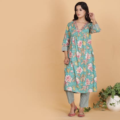 Teal floral printed A-line Cotton kurta set-XS
