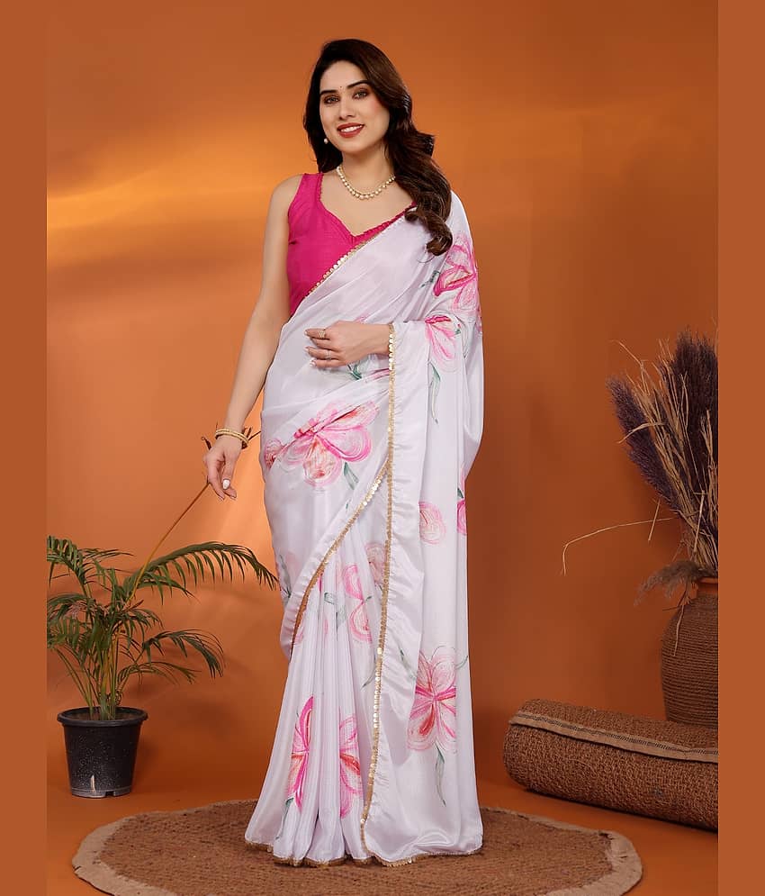 BLEESSBURY Chiffon Printed Saree With Unstitched Blouse Piece ( Pink )