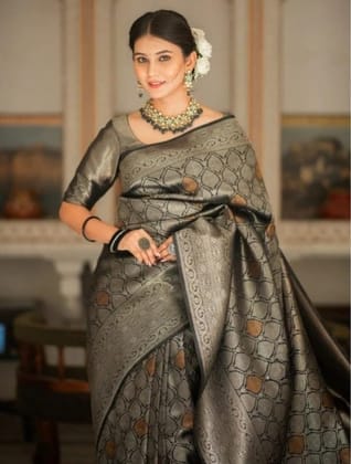 Women's Silk Printed Saree With Unstitched Blouse 5.5Mtr (Black)-PID60175