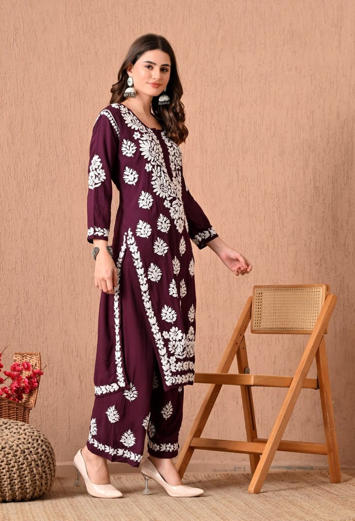 Hand Embroidered Chikankari Plazo Set 3d Work- Wine