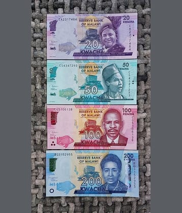 MALAWI FOUR NOTE SET OF 20,50,100,200 KWACHA IN TOP UNC GRADE