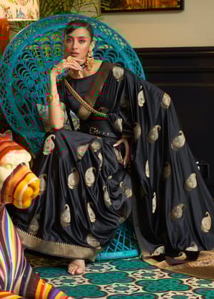 Sparkling Black Woven Satin Silk Saree