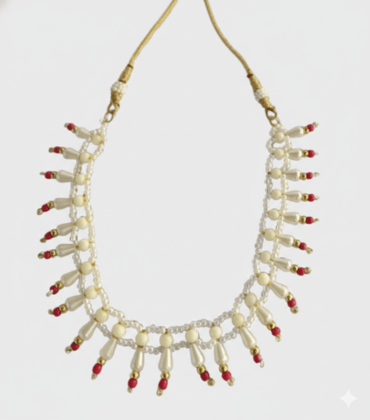 Traditional White Beaded Necklace with Red Drop Accents for Women