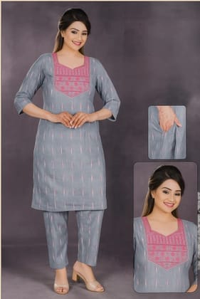 Women's Cotton Kurta Pant Set, Brown 3/4Sleeve