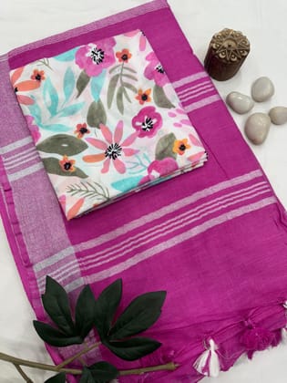Hastakala Cotton Linen Saree With Printed Cotton Blouse