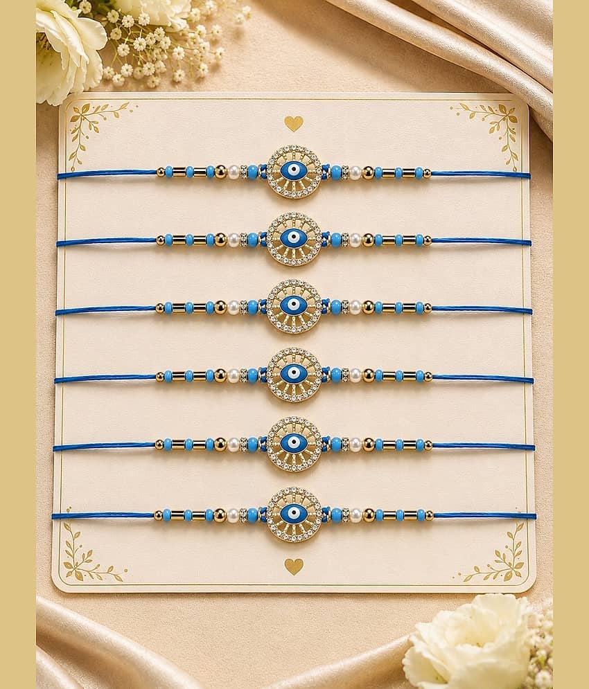 Rhosyn Designer 6 × Evil Eye (Nazar) Rakhis 1 × Greeting Card 1 × Small Roli Pack Adjustable Rakhi ( Pack of 6 , Blue )