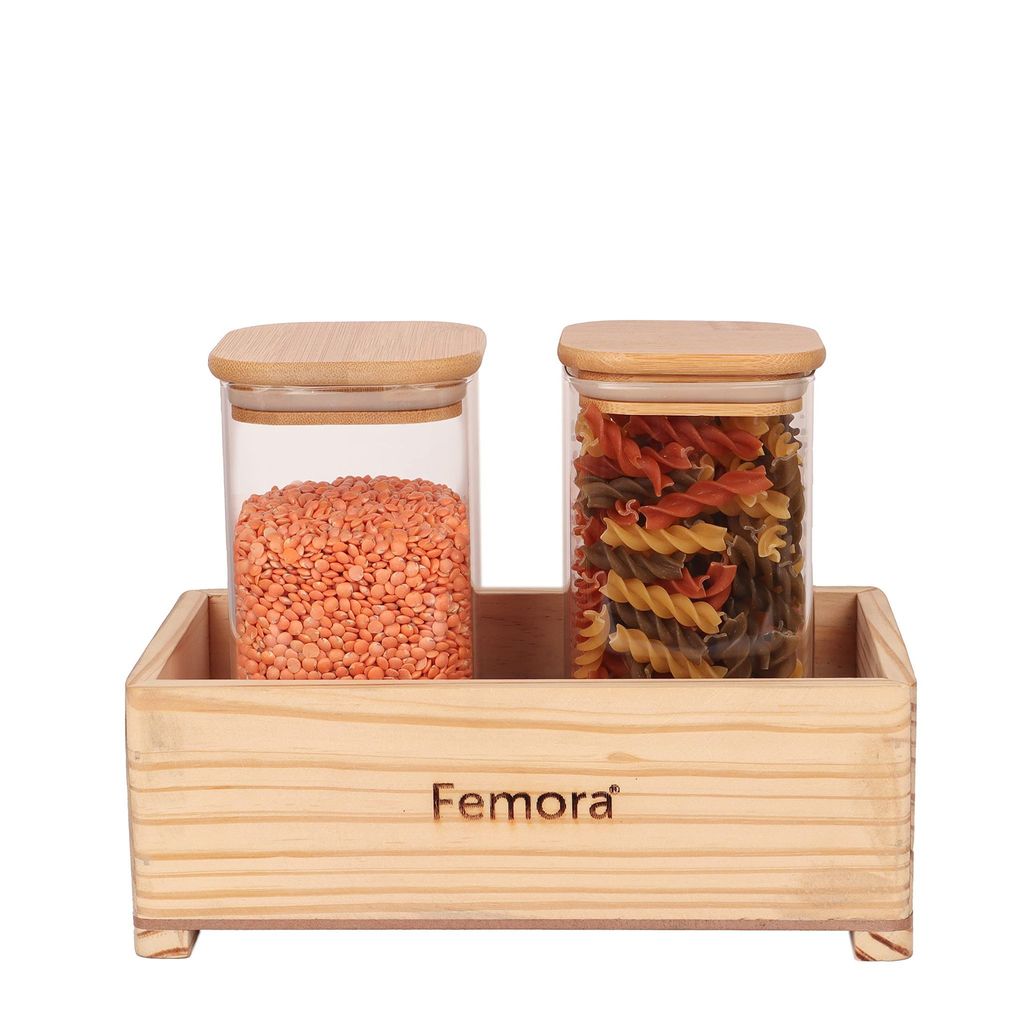 Femora Borosilicate Glass Jar 700 ML, 2 pcs, with Wooden Tray