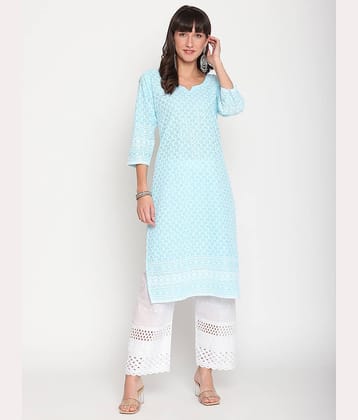Queenley - Blue Cotton Women's Straight Kurti ( Pack of 1 )