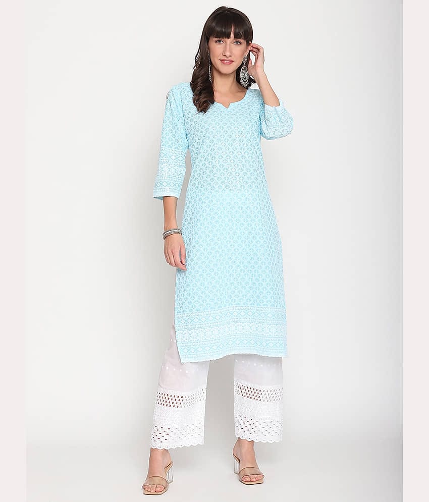 Queenley - Blue Cotton Women's Straight Kurti ( Pack of 1 )