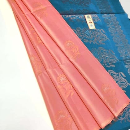 Women's Borderless Kanjivaram Silk Sarees with Unstitched Blouse (Peach)