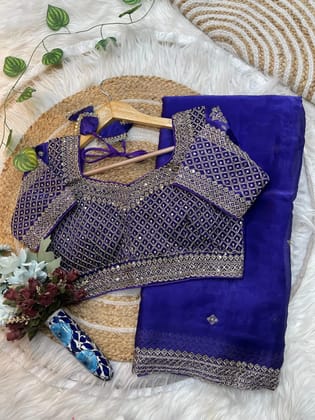 Pure soft zimmy choo silk saree with beautiful embroidery 3 mm sequence work heavy borders nd buttis in all over saree with aarcoPaired with Fully Stiched Full embroidery work heavy blouse on running fabrics Can be upto 42 "