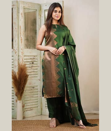 Trijal Fab Banarasi Embellished Kurti With Pants Women's Stitched Salwar Suit - Green ( Pack of 1 )