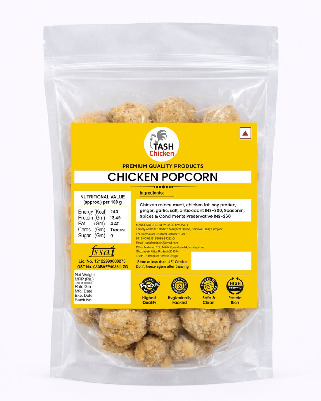 TASH Crispy Chicken Popcorn (250g) | Ready-to-Cook Frozen Snacks | Juicy & Tender Bite-Sized Chicken Nuggets | Perfect Party Appetizer & Kids’ Snack | High Protein, No Added Artificial Colors