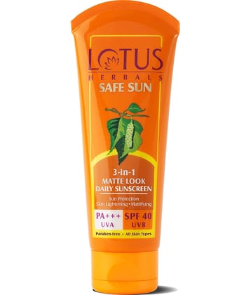 Lotus Herbals Safesun 3In1 Matte Look Daily Sunscreen,Tinted Sunscreen, Spf 40 Pa+++, 75G