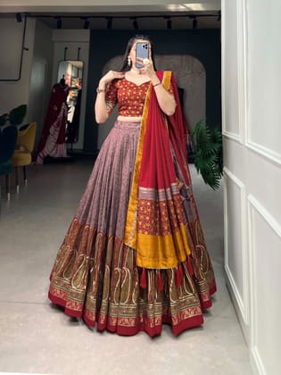 Tussar Silk Kashmiri Print Chaniya Choli-Free Size [Alters 38-44]