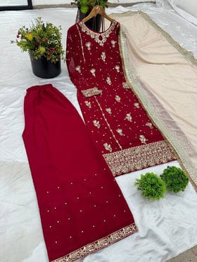 Designer Party Wear Look Top-Plazzo And Dupatta With Heavy Embroidery Work