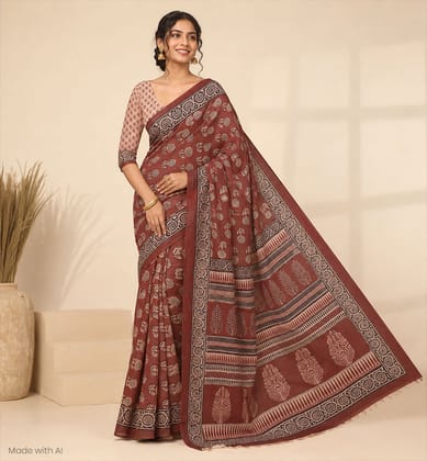 Handcrafted Bagh Print Kosa Silk Saree 