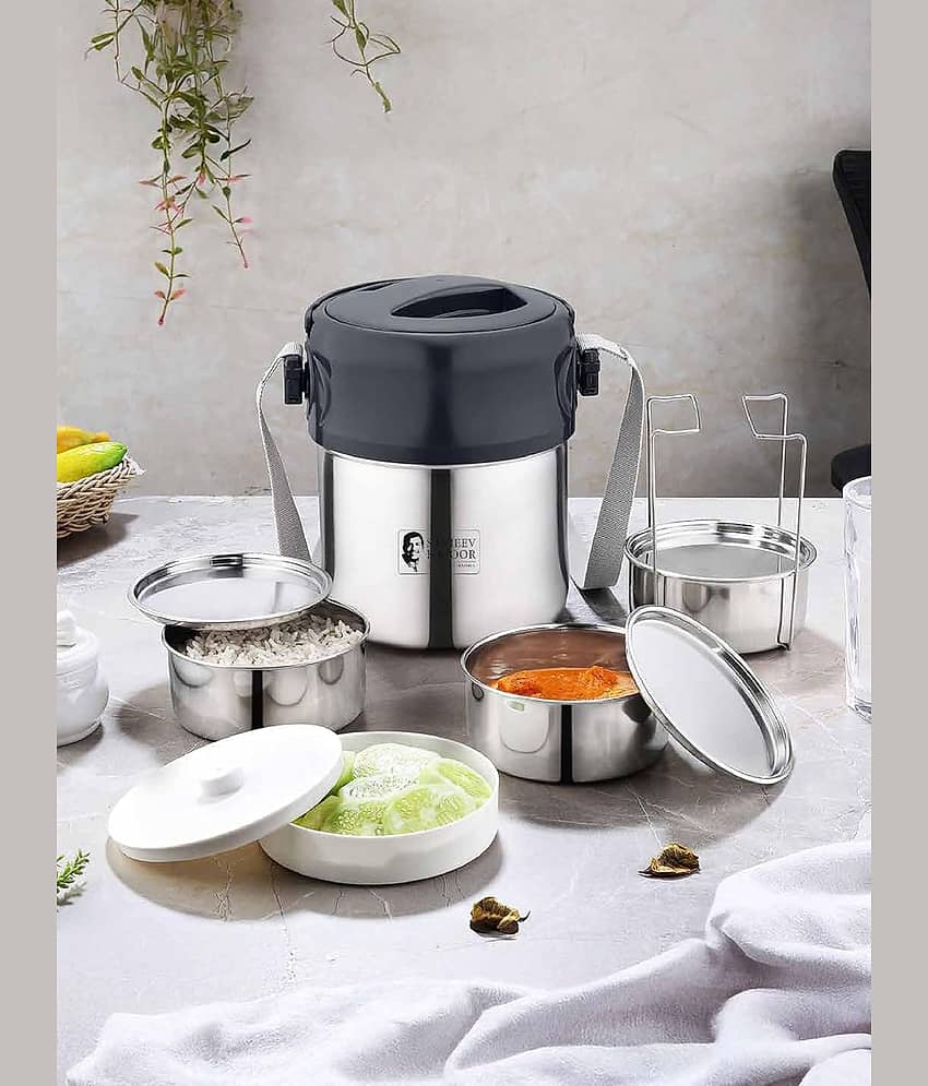 Sanjeev Kapoor Steel Lunch Box, 3 Containers Stainless Steel Lunch Box 4 - Container ( Pack of 5 )