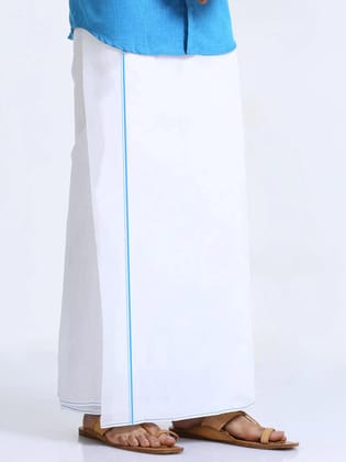 Blue Cotton White Double Dhothie-Double Dhothie