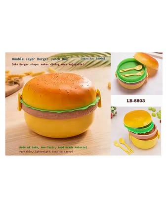 2 layer Burger Shape Lunch Box With Spoon and Fork (Color May Vary)