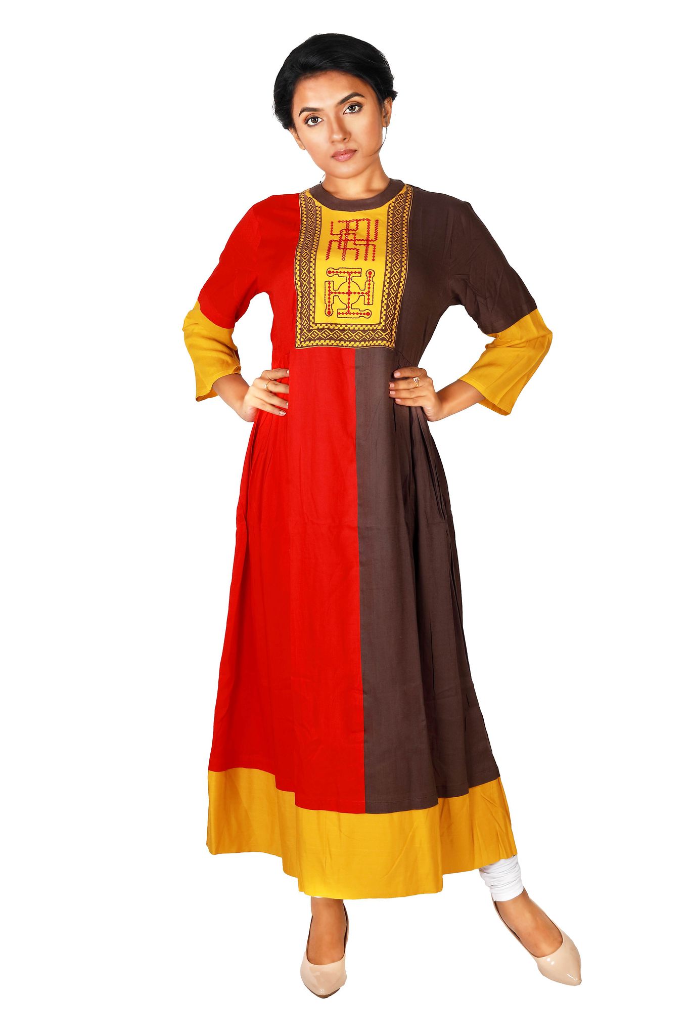Women's Rayon Gown Style Kurti with Front Embroidery, Round Neck Kurti (Color:- Multicolor)