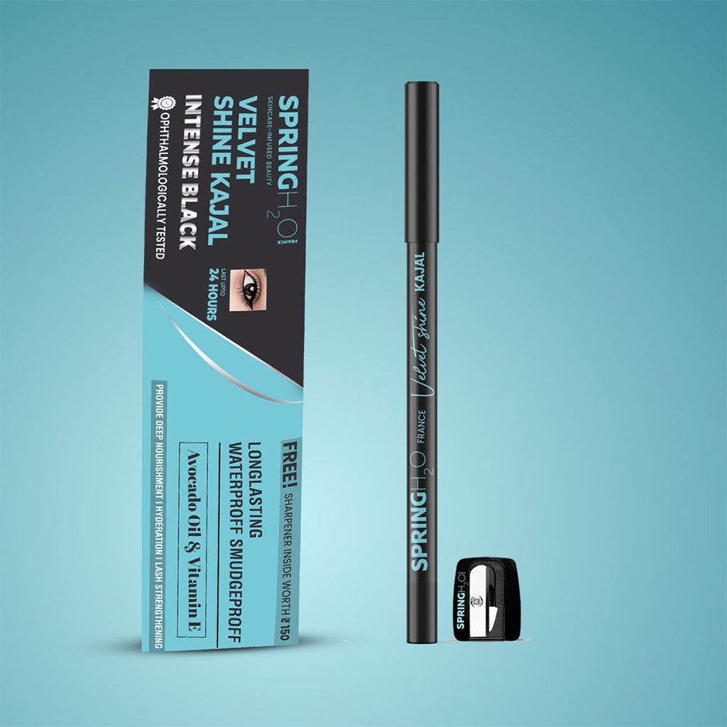 Spring H2O Velvet Shine Kajal Intense Black | With Avacado Oil and Vitamin E | Longlasting Waterproof and Sumdgeproof - 1.5gm