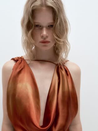 Cowl Deep Neck Printed Backless Satin Dress-L / BROWN