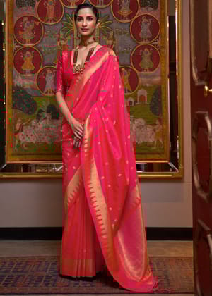 Strawberry Pink Woven Banarasi Soft Silk Saree