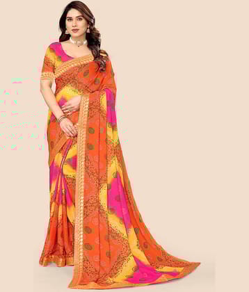 Kanooda Prints Georgette Printed Saree With Unstitched Blouse Piece ( Orange )
